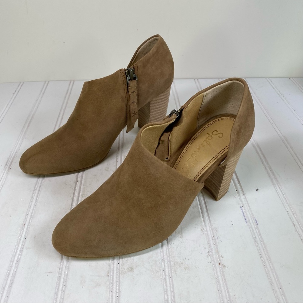 Splendid Hibiscus tan suede open ankle booties